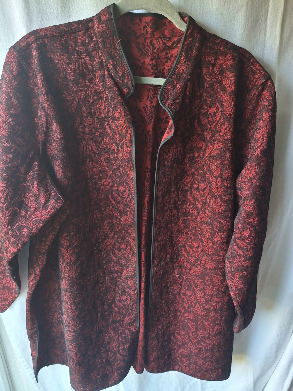Red Floral Brocade Open Front Jacket Black Trim